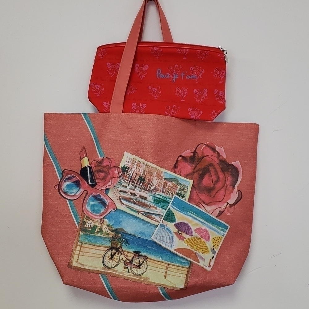 Lancome Paris je t'aime Large Tote & Makeup Bag Set NWOT Peach & Red